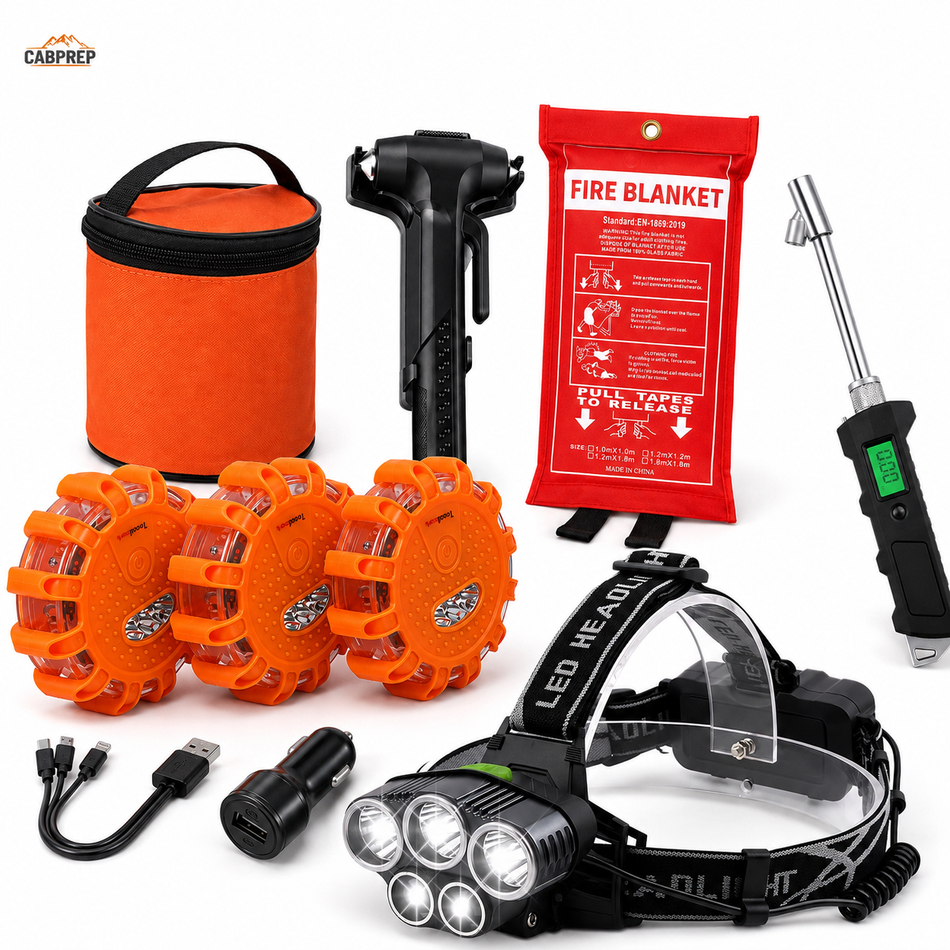 Semi Truck Roadside Emergency Kit — Flares, Fire Blanket, Escape Tool, Headlamp & Tire Gauge