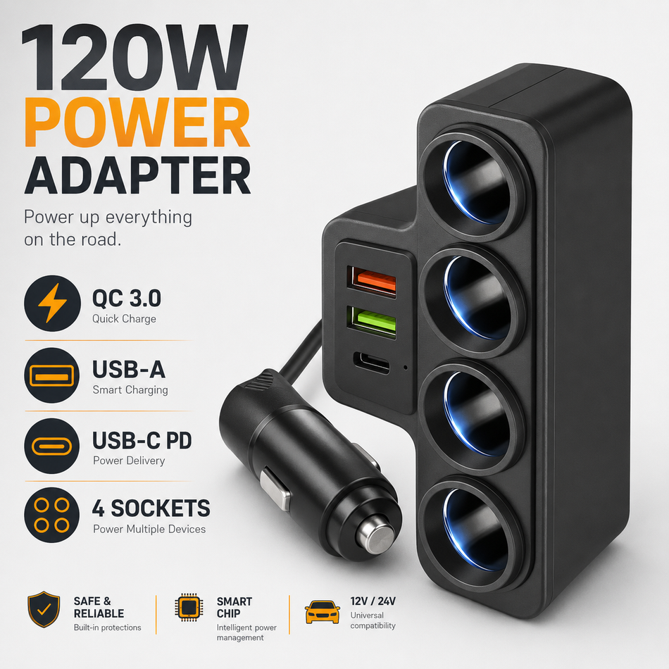 12V Socket Splitter — 4 Outlets + USB-C PD Fast Charge