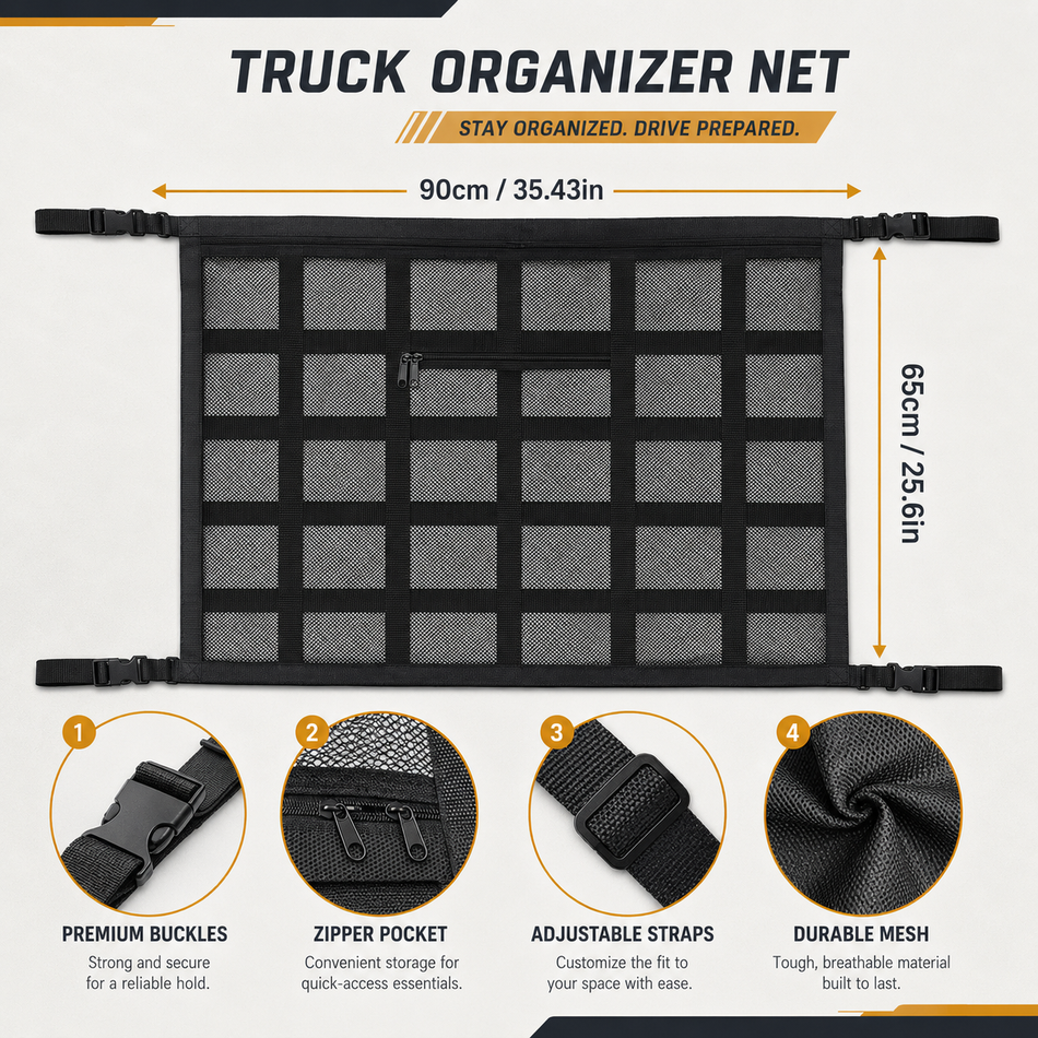 Cab Ceiling Storage Net — Overhead Mesh for Bunk & Windshield Space