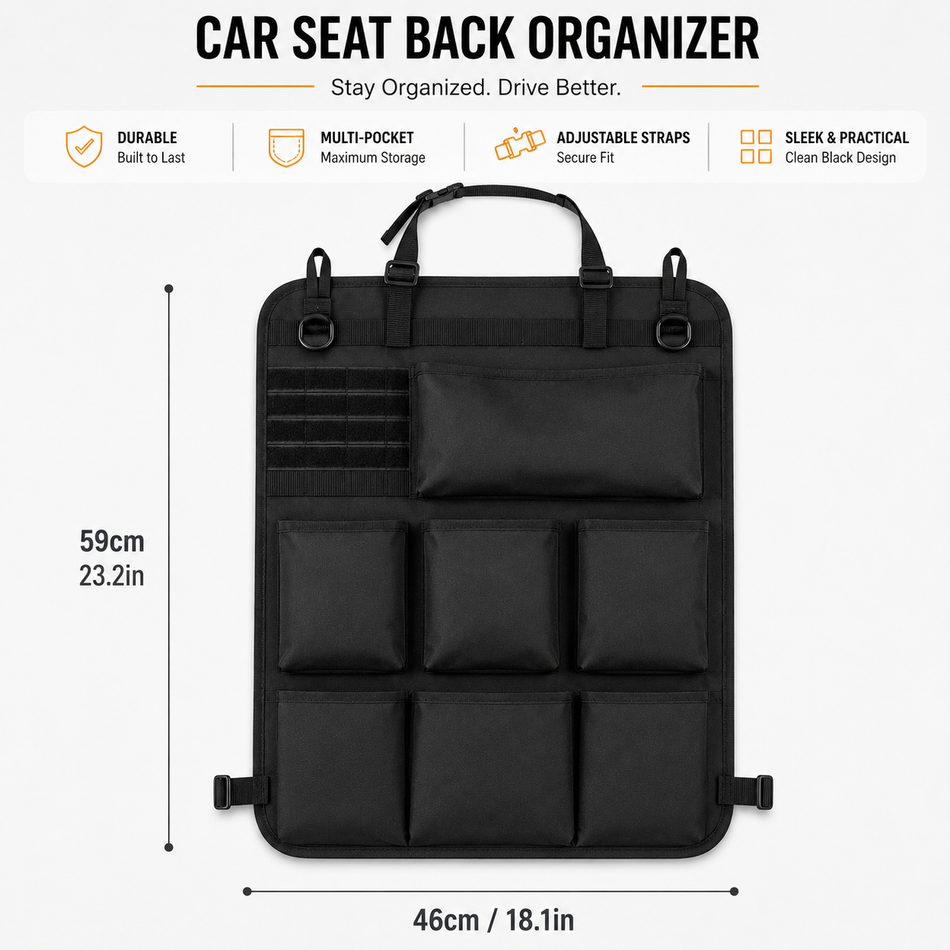 Tactical MOLLE Cab Seat-Back Organizer — 7-Pocket Blackout