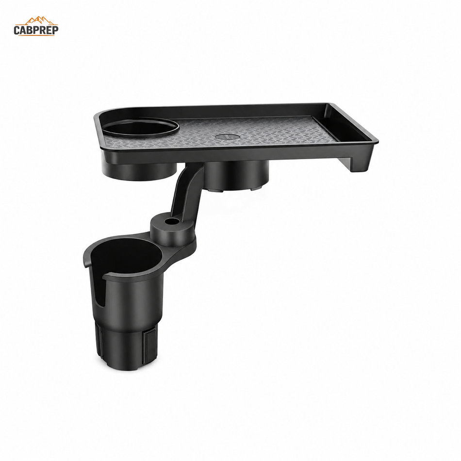 Cab Tray + Cup Holder Expander — Swivel Food Table for Meals on the Road