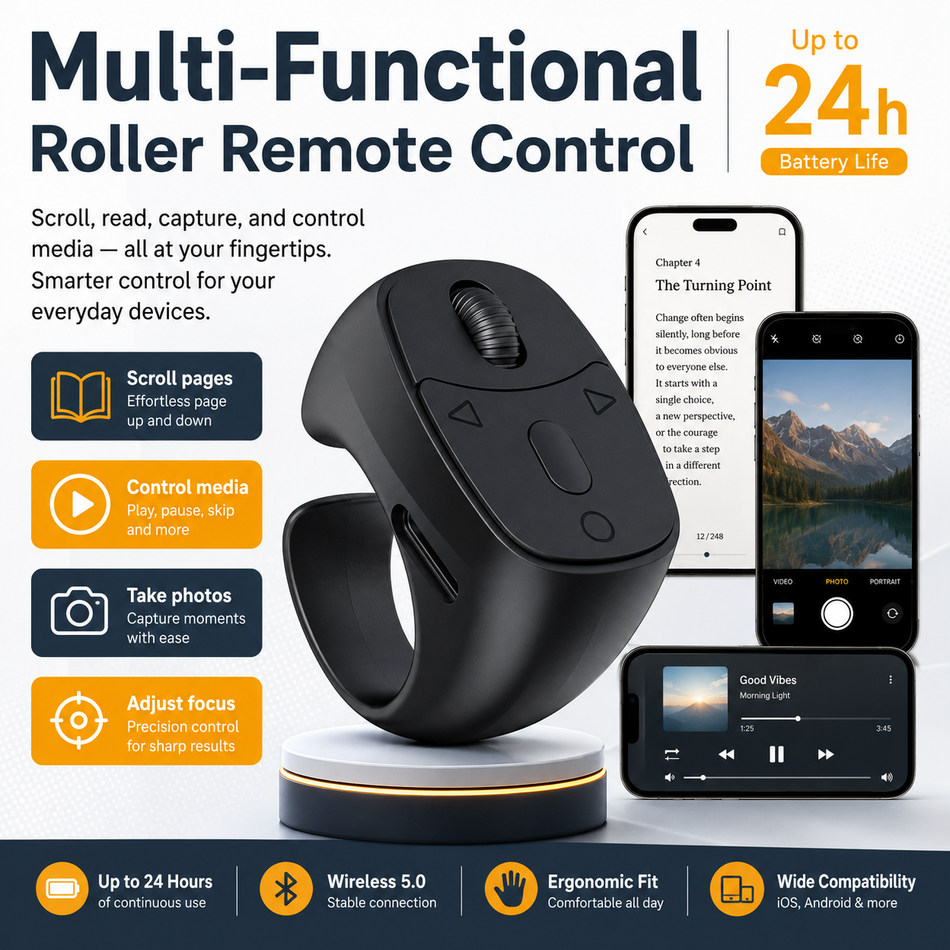New Fingertip Remote Scrolling Ring Wireless Remote Control Camera Shutter Selfie Video Bluetooth 5.0 With Phone Stand smartring