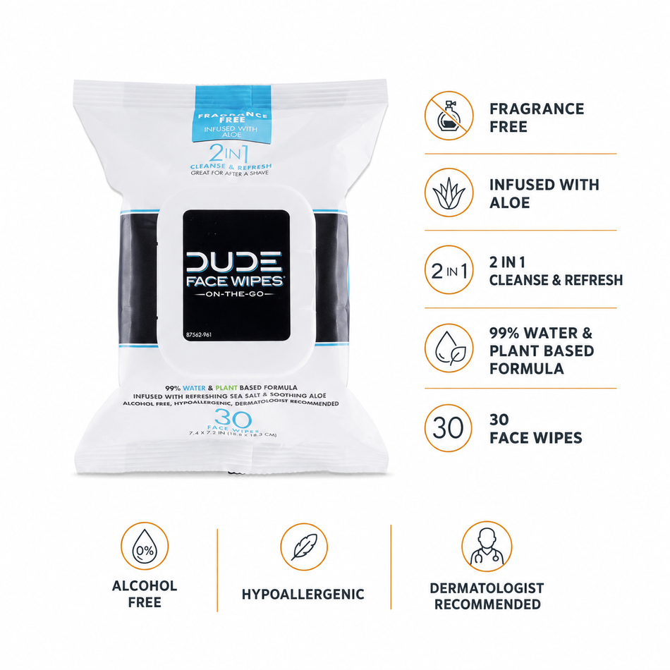 DUDE Face & Body Wipes — 30ct, Shower-Free Freshen Up for the Road