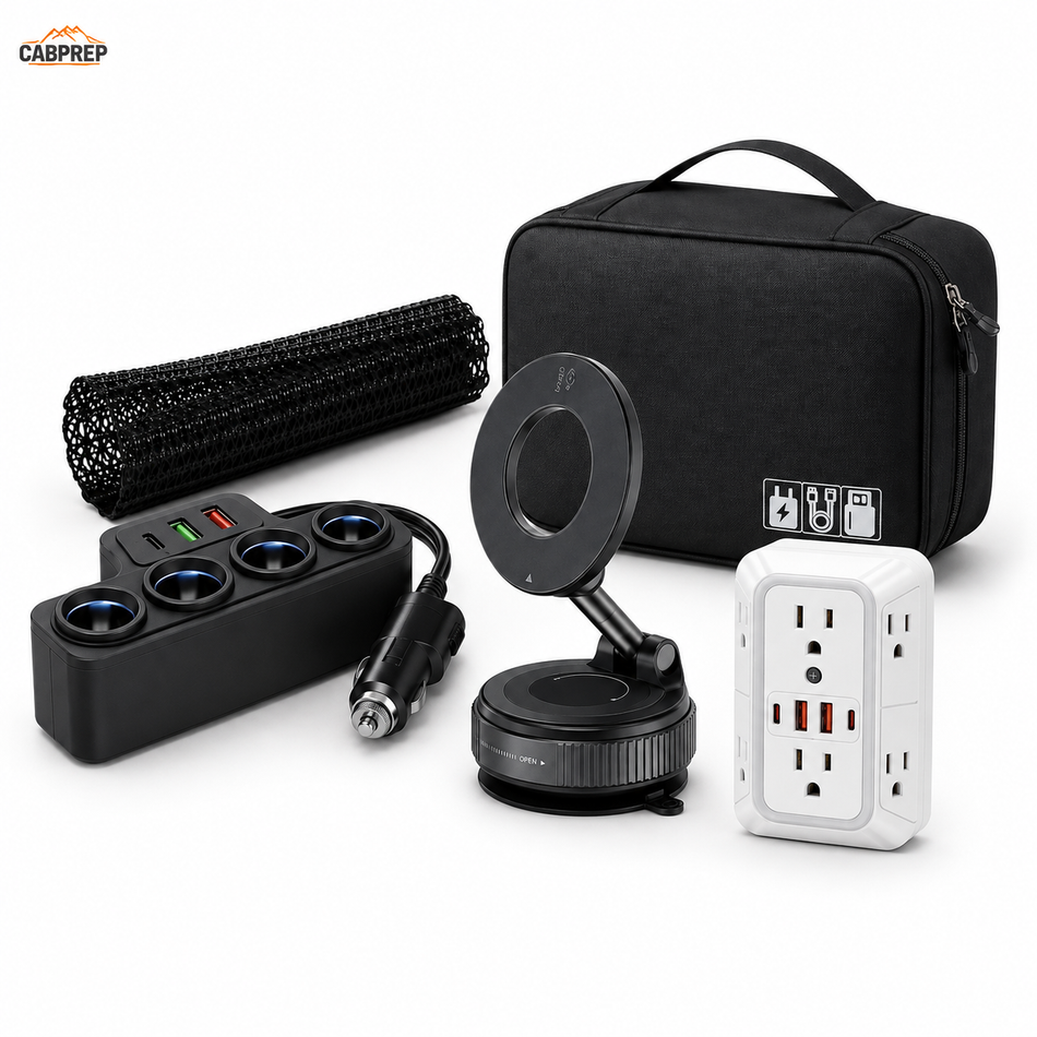 Truck Cab Charging & Devices Kit — Car Charger, Power Strip, Phone Mount, Cable Sleeve & Tech Case
