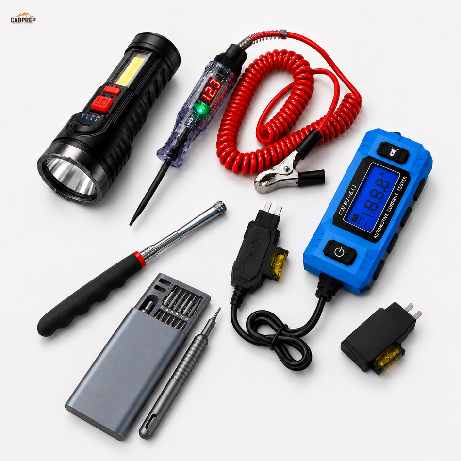 Semi Truck Roadside Repair Tool Kit — Fuse & Circuit Testers, Screwdrivers, Pickup Tool & Work Light