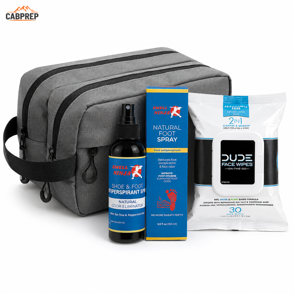 No-Shower Survival Kit — Dopp Bag, Wipes, Body Wash & Foot Spray