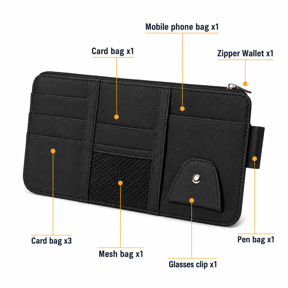Cab Visor Organizer — Zippered Multi-Pocket for Cards, Glasses & Receipts