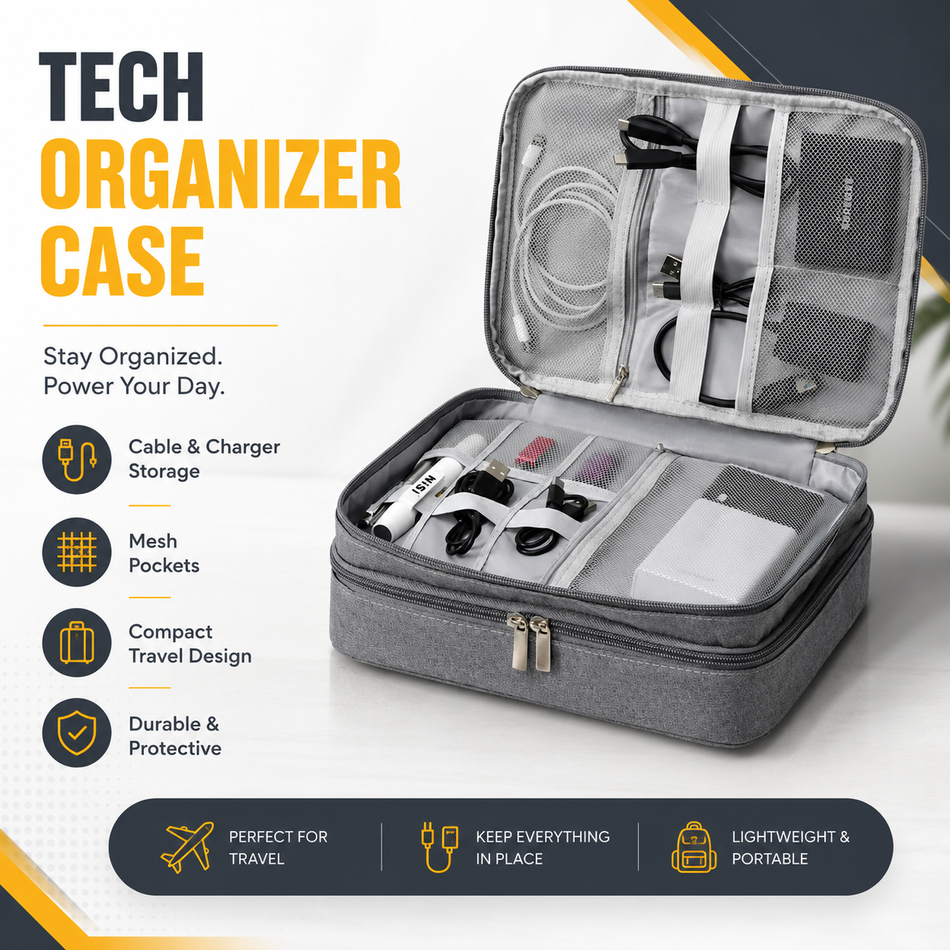 Cab Tech Organizer Case — Cables, Chargers & Power Bank, 3-Layer