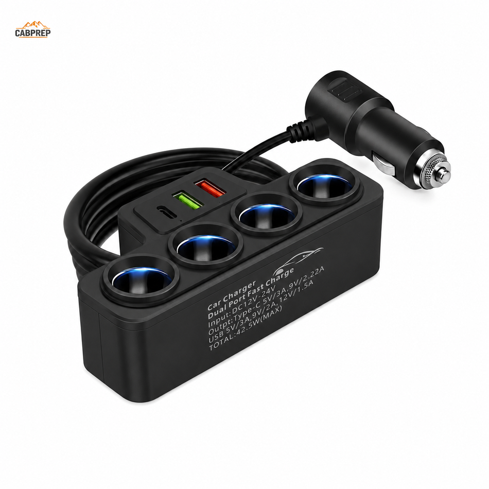 12V Socket Splitter — 4 Outlets + USB-C PD Fast Charge