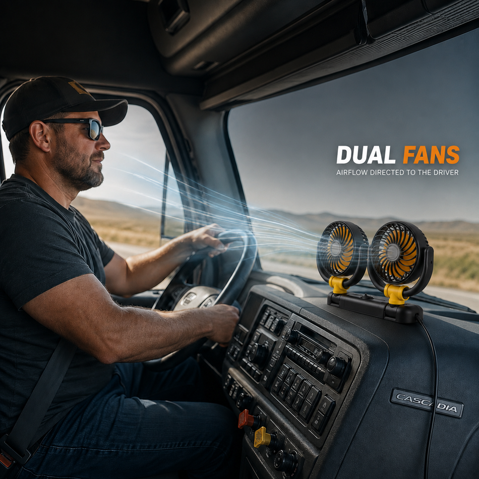 12V Dual-Head Cab Fan — 360° Adjustable Airflow