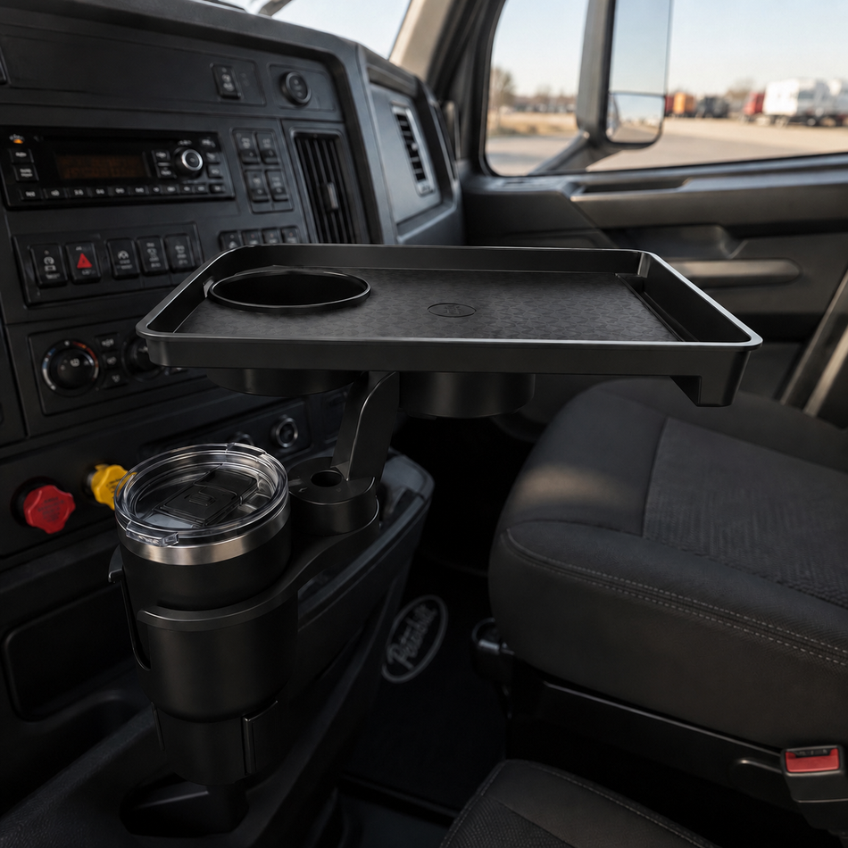 Cab Tray + Cup Holder Expander — Swivel Food Table for Meals on the Road