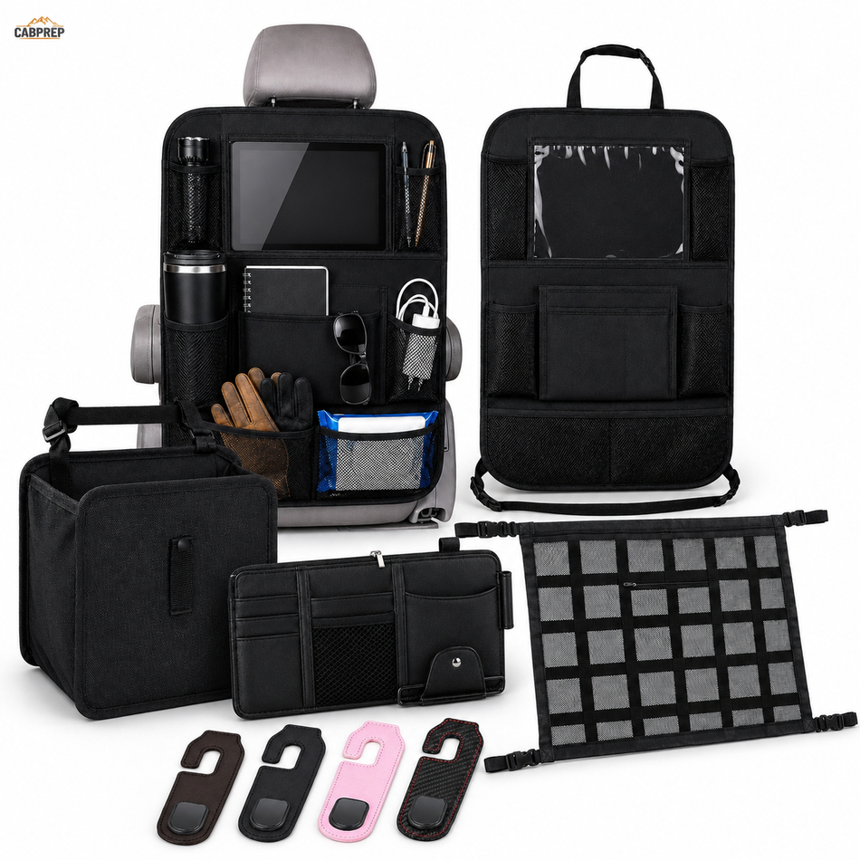 Semi Truck Cab Organizer Set — Seat-Back Organizer, Trash Bin, Visor & Ceiling Storage, Headrest Hook