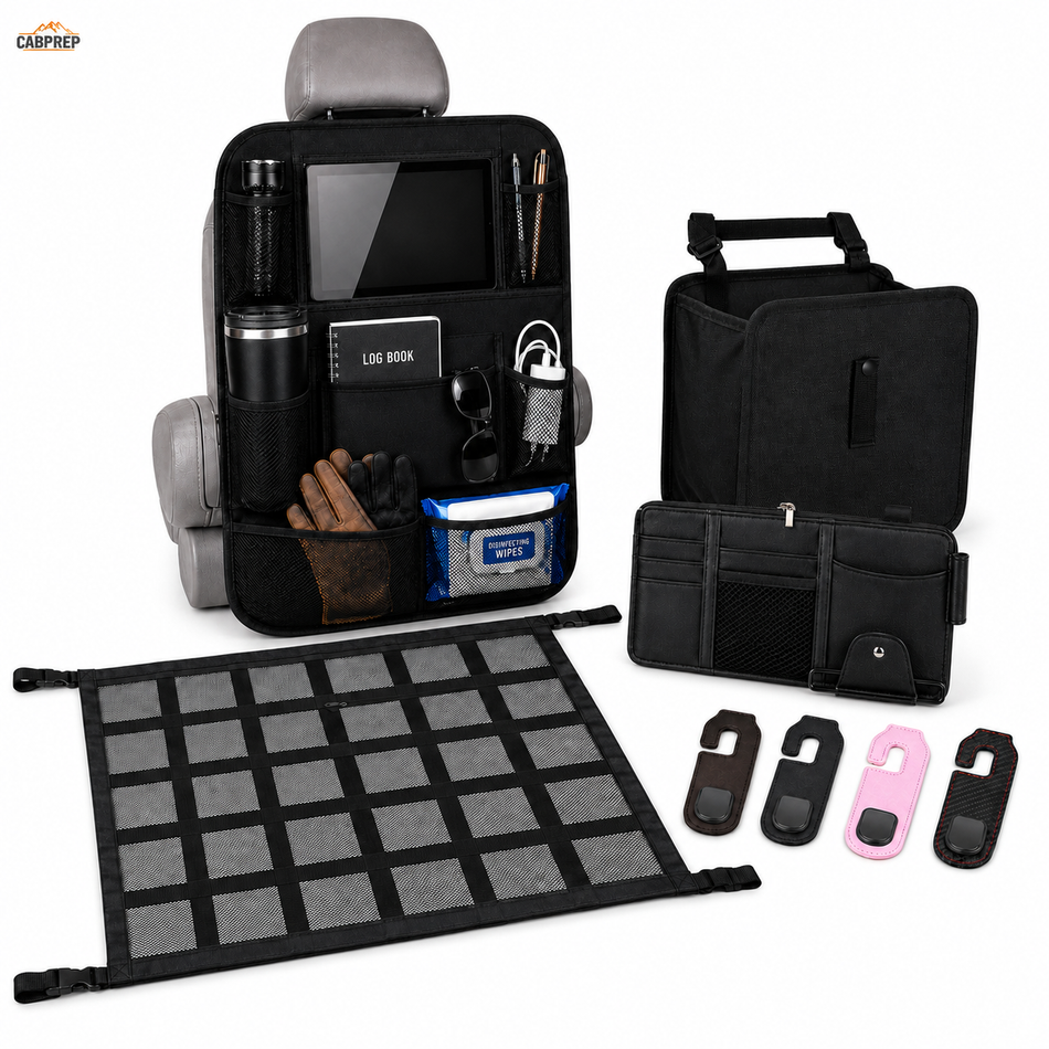 Semi Truck Cab Organizer Set — Seat-Back Organizer, Trash Bin, Visor & Ceiling Storage, Headrest Hook