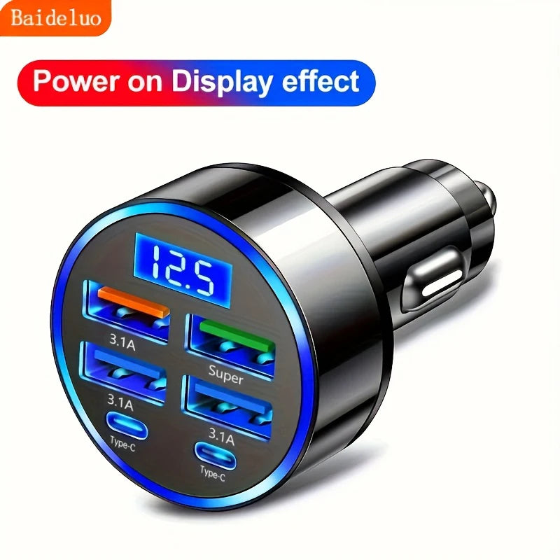 Cab 6-in-1 Car Charger — Dual USB-C + USB-A, 3.1A Fast Charge with Voltage Display