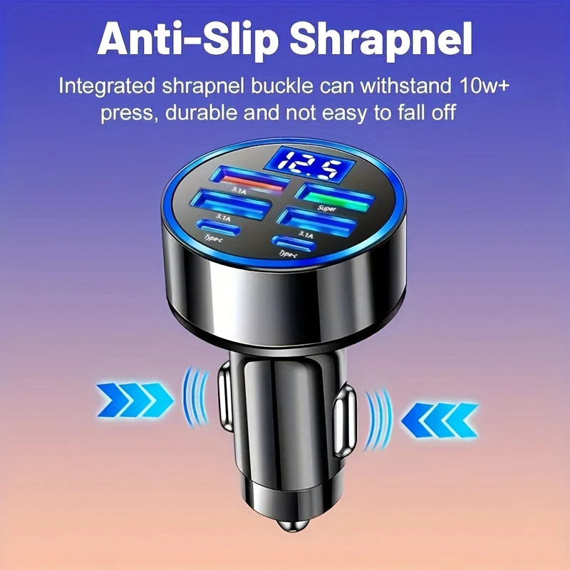 Cab 6-in-1 Car Charger — Dual USB-C + USB-A, 3.1A Fast Charge with Voltage Display
